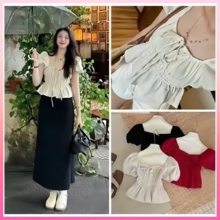  Áo babydoll CATTEEN  cổ vuông buộc nơ tay phồng tiểu thư công chúa bo thân ngực xinh xắn nhẹ nhàng 