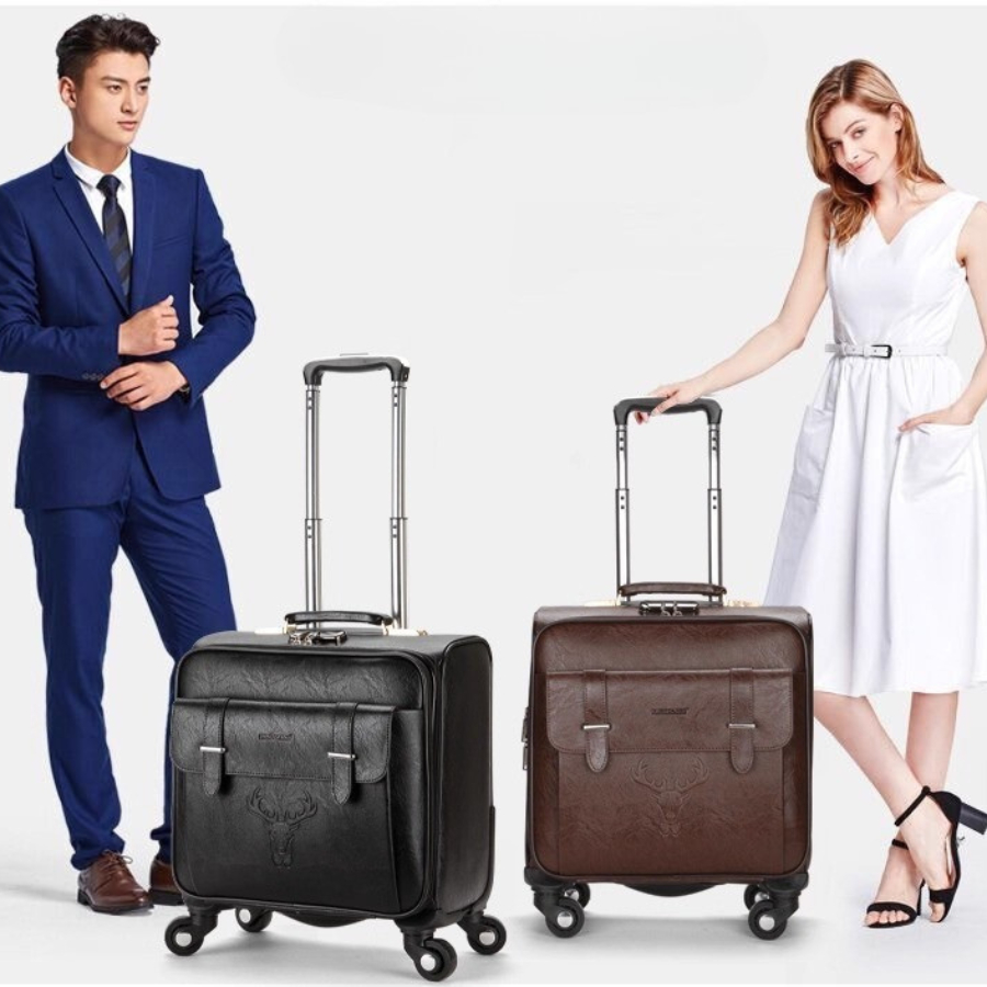 Vali kéo doanh nhân cao cấp da Pu nâu/ đen size 18 inch- Vali kéo du lịch 18inch 4 bánh xe