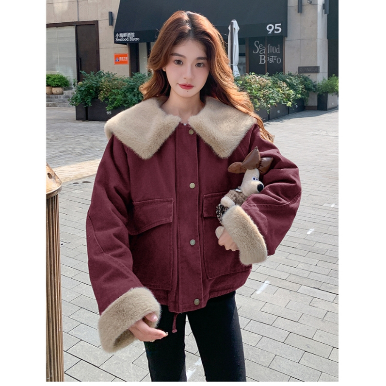 Áo khoác parka ngắn nữ phong cách 2025 cổ búp bê lót nhung giữ ấm dáng dày mùa đông áo cotton hot tr