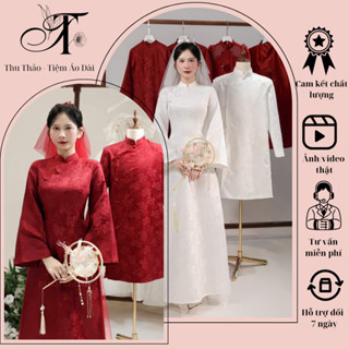  Áo Dài Cô Dâu Gấm Châu Sa Cổ Viền Cúc Tàu Tay Loe Dài May Sẵn Cao Cấp 