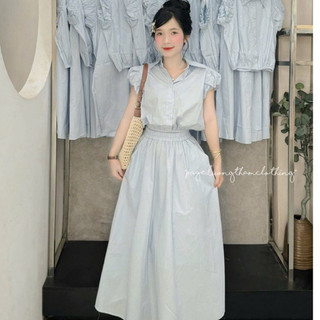   BÈO BÉO BIGSIZE   SET MIDI SƠ MI XANH TAY BỒNG - PHỐI CHÂN VÁY MAXI XANH FORM BIGSIZE 60-90KG 