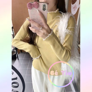  Áo Len Nữ Dệt Kim Cổ Lọ 3cm Phối Ren Cổ Ống Tay Áo Len Tăm Giữ Nhiệt Ôm Body Tay Dài Chất Len Mềm Mại Thoáng Khí Bé Tiu 