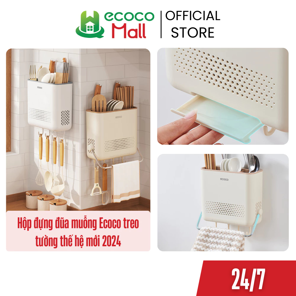  Hộp đựng đũa muỗng ECOCO treo tường thế hệ mới | Kệ cài dao đũa thìa tích hợp khay hứng nước thông minh cao cấp 