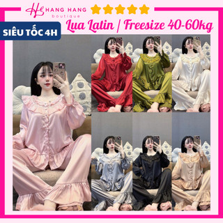  Đồ ngủ nữ 40-60kg pijama dài tay cổ tròn ren bèo nút bọc lụa latin mịn mát 60DD46 đồ bộ nữ đồ mặc nhà tiểu thư trơn 