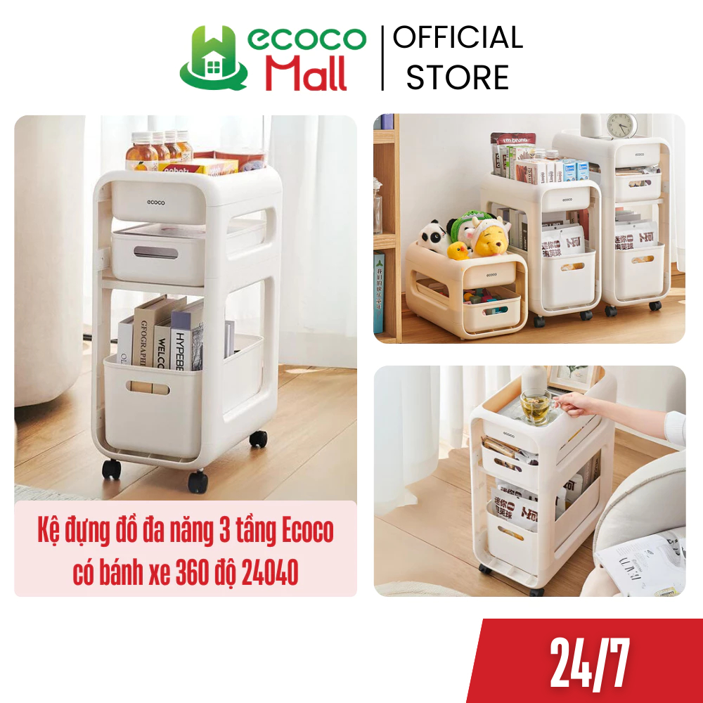 Kệ đựng đồ đa năng ECOCO 3 tầng có bánh xe thế hệ mới, Xe đẩy bỉm sữa, cặp xách, đồ dùng học tập tiện lợi 24040