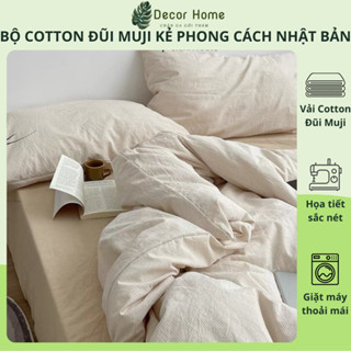 Bộ chăn ga gối Đũi Muji kẻ phong cách Nhật Bản, bộ 4 món Cotton Đũi basic phong cách Wabi-Sabi mềm mát Decor Home