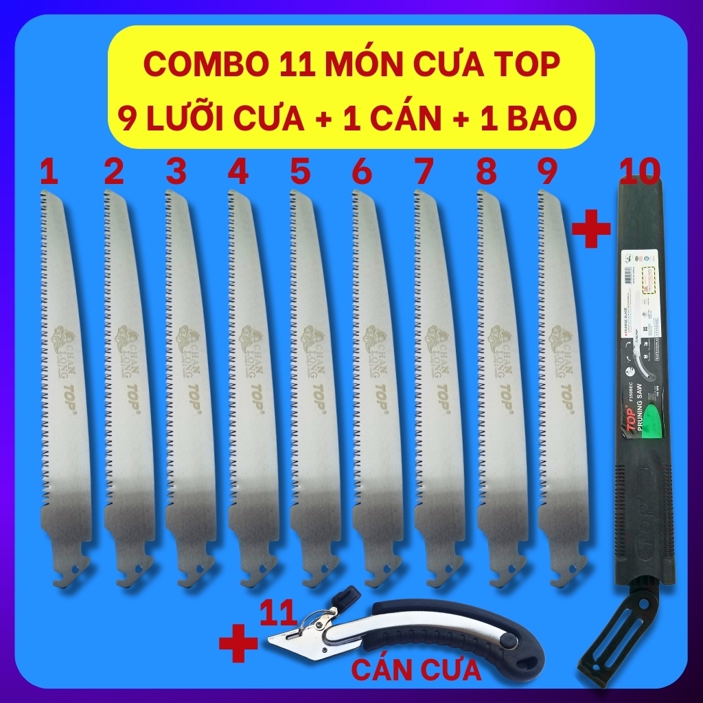 Cưa kiếm cầm tay TOP với lưỡi thép SK5 350 mm, bao gồm 1 cán cưa, 9 lưỡi cưa kiếm và 1 bao đựng