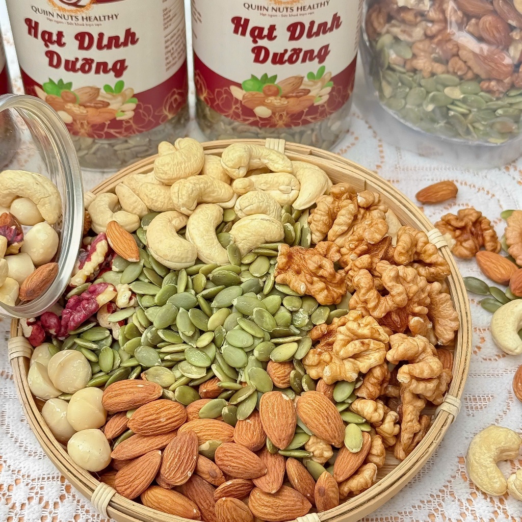 Hộp 500g Hạt dinh dưỡng mix tổng hợp macca,óc chó,hạnh nhân, điều, bí sấy chín ăn ngay, làm kẹo hạnh phúc nougat