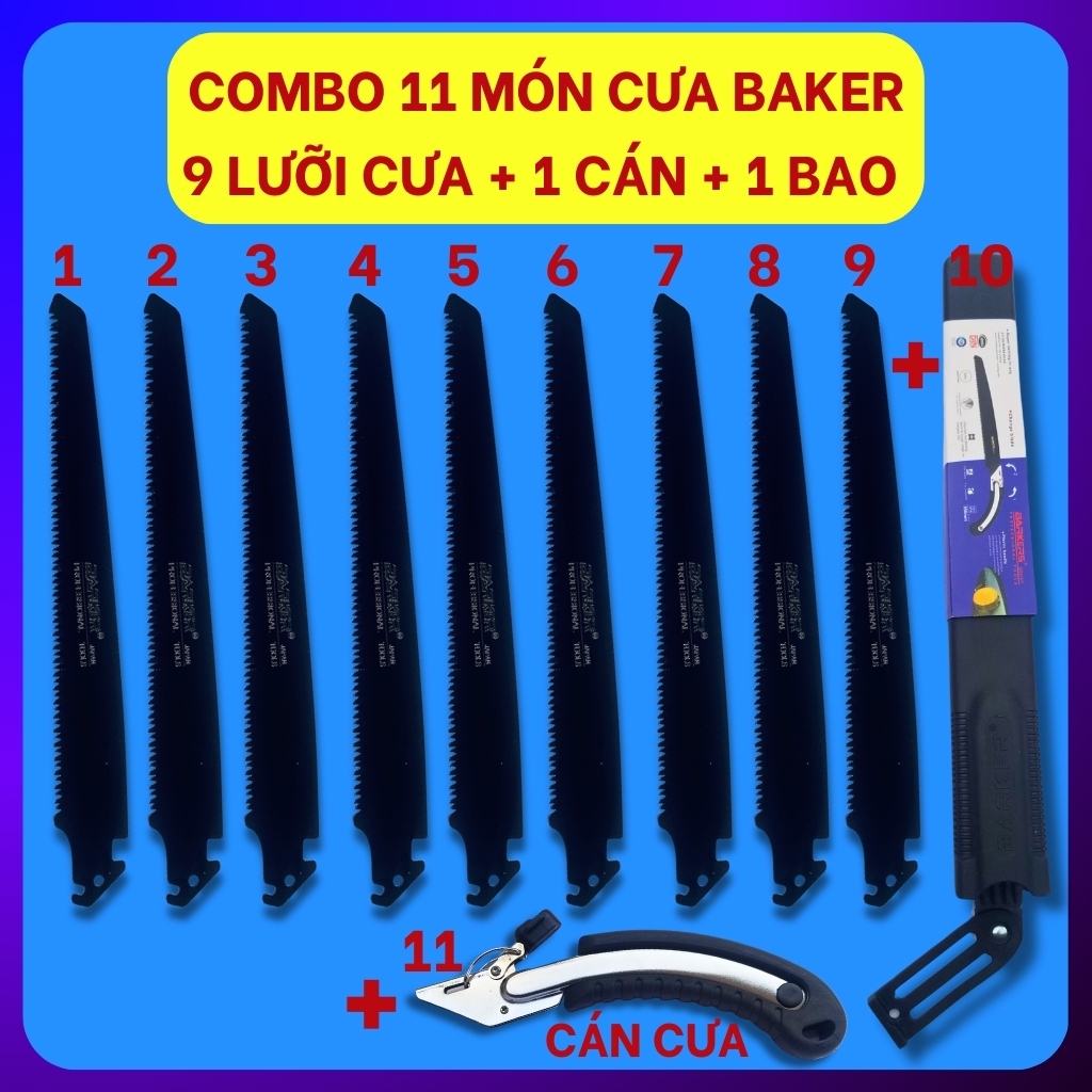 Cưa kiếm cầm tay BaKer - Thép SK5, lưỡi dài 350mm, bộ 11 món gồm 1 cán, 9 lưỡi cưa kiếm & 1 bao đựng