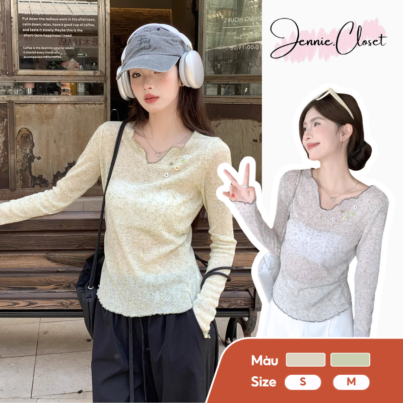 Áo Thun Nữ Dài Tay Mỏng Jennie, Áo Thu Đông Nữ Cổ V Lượn Sóng D10