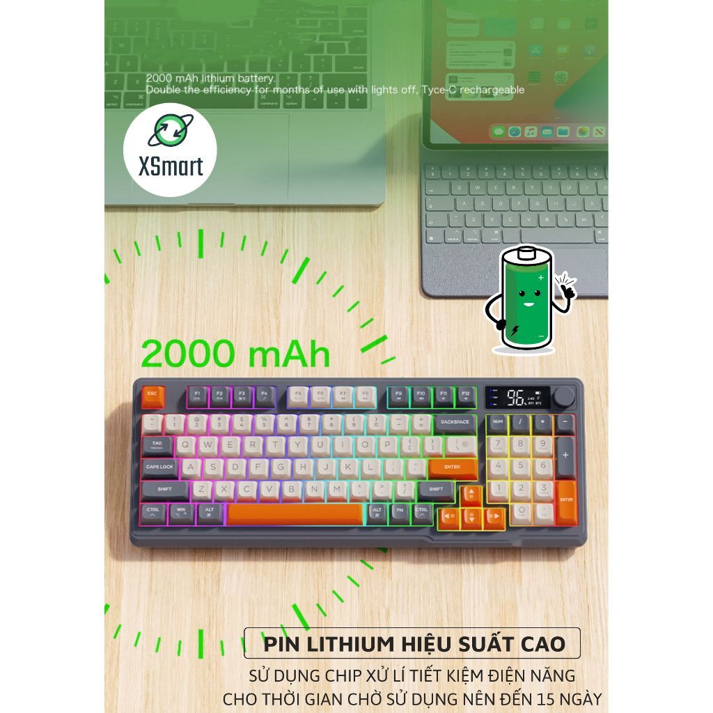 Bộ Bàn Phím Không Dây Bluetooth M96 LED 7 Màu Có Màn Hình, 2 Mode, Phím PBT Cao Cấp, Gõ Êm Chống Ồn 