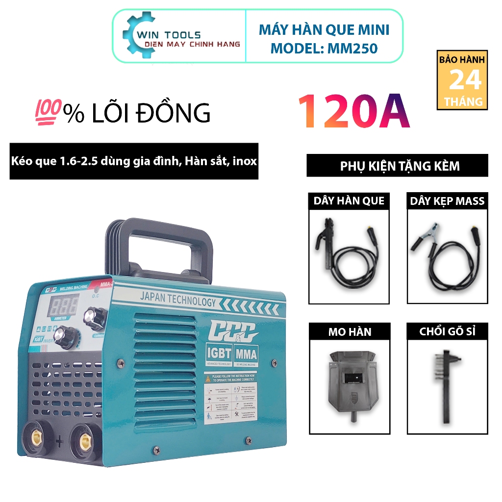 Máy hàn que chính hãng GGG MMA250, hàn kéo que 1.6 - 2.5, máy hàn điện tử, máy hàn hồ quang