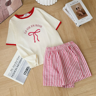  Set Mặc Nhà Quần Đùi Sọc Linen Áo Tay Bo Cotton Dày Dặn mùa hè in hình NEONVN - Set đồ bộ mặc nhà quần đùi in hình xinh 