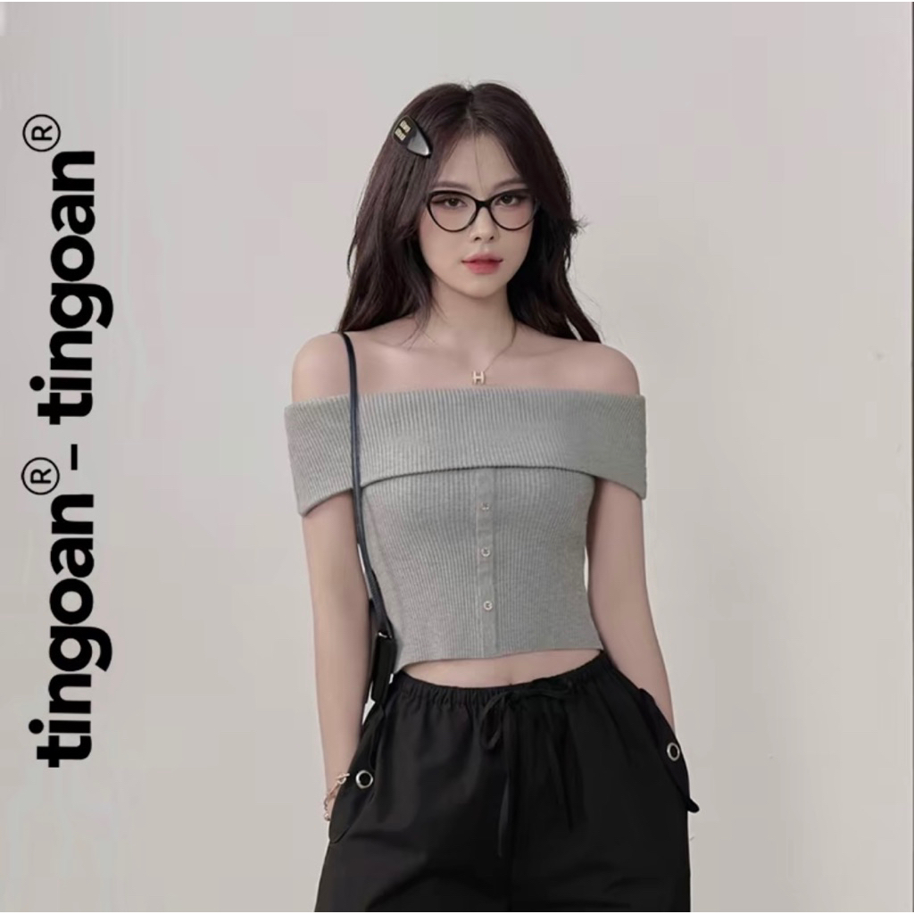 TINGOAN X TIKTOKSHOP - Áo len xù xám trễ vai ngang NINGNING TOP - TikTok Shop @tingoan.store @tingoa