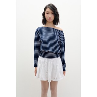 LIBÉ WORKSHOP - Áo thun cổ thuyền hoạ tiết sọc trắng trên nền xanh dương đậm