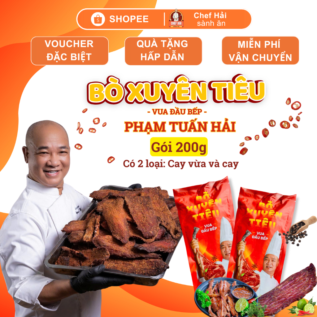 Bò Xuyên Tiêu Master Chef  200gr Vị Cay Nồng & Cay Vừa Có Sẵn Muối Chấm Chính Hãng Chef Hải Sành Ăn