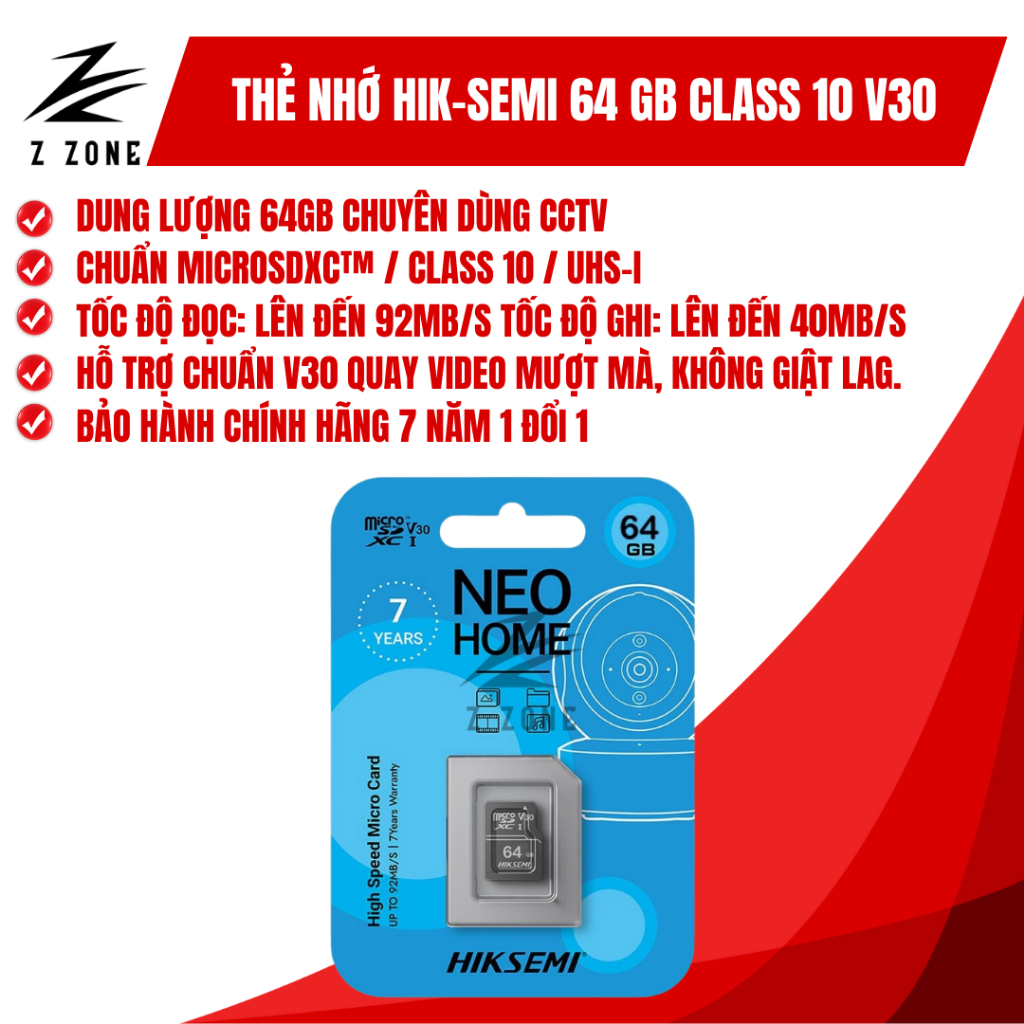 Thẻ Nhớ Hik Semi microSD v30 64 GB 128 GB chuyên Camera bảo hành 7 năm đọc 92MB/s, ghi 30MB/s
