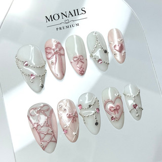 (Mua 1 Tặng 1) Nailbox Thiết Kế Tiểu Thư, Móng Úp, Móng Tay Giả Dây Bi Kiểu Cách Tráng Gương Charm Hồng P08