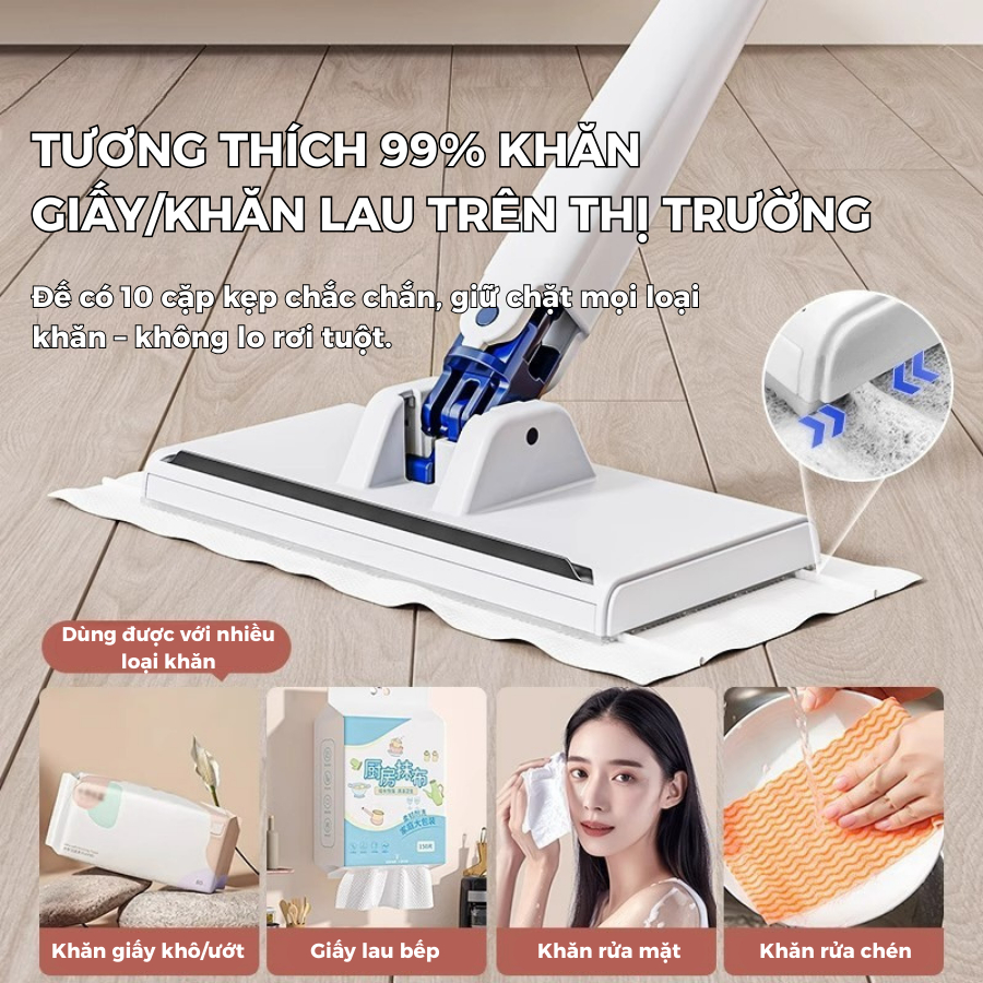 Cây Lau Nhà Kẹp Khăn Lau Thay Thế – Nhẹ, Bền, Dễ Thay Miếng Lau – Chống Bám Bẩn, Dùng Mọi Bề Mặt