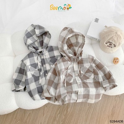 Áo sơ mi dài tay Beemo hoạ tiết kẻ phối mũ vải thô mềm mại, co dãn cho bé đi học, đi chơi 5294ADB