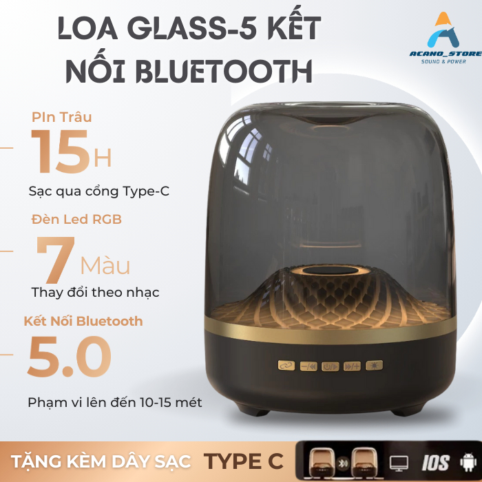 Loa GLASS-5  Bluetooth Speaker Siêu bass HIFI 128 màu, Công Suất Loa 30W ,Pin Trâu15H, |acano_store