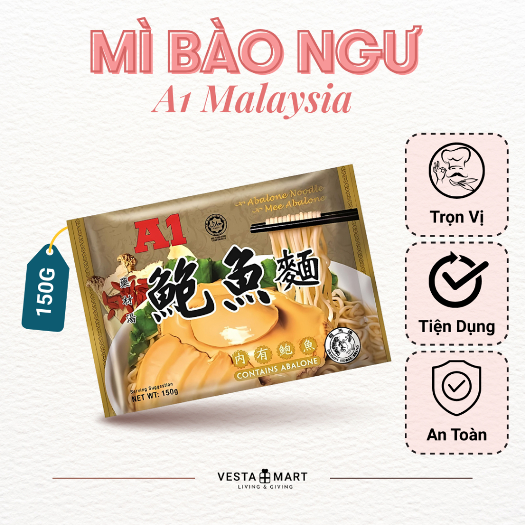 Mì Bào Ngư A1 Malaysia 150g – Sợi Mì Dai Ngon, Nguyên Con Bào Ngư Cao Cấp – Vesta Mart