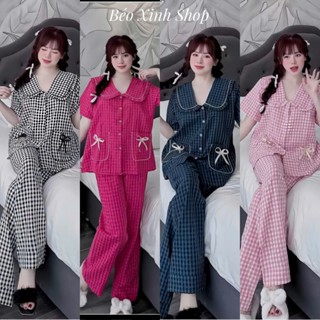 Đồ Bộ - Đồ Ngủ Tay Ngắn Quần Dài Vải Vải xốp caro Tiểu thư Pijama Bigsize 50-100kg Bộ Ngủ Nữ Áo Ngủ Women - A.5439