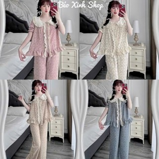 Đồ Bộ - Đồ Ngủ Tay Ngắn Quần Dài Vải Vân Sóng Mềm Mịn Phối Ren Tiểu Thư Pijama Bigsize 50-100kg - A.5440