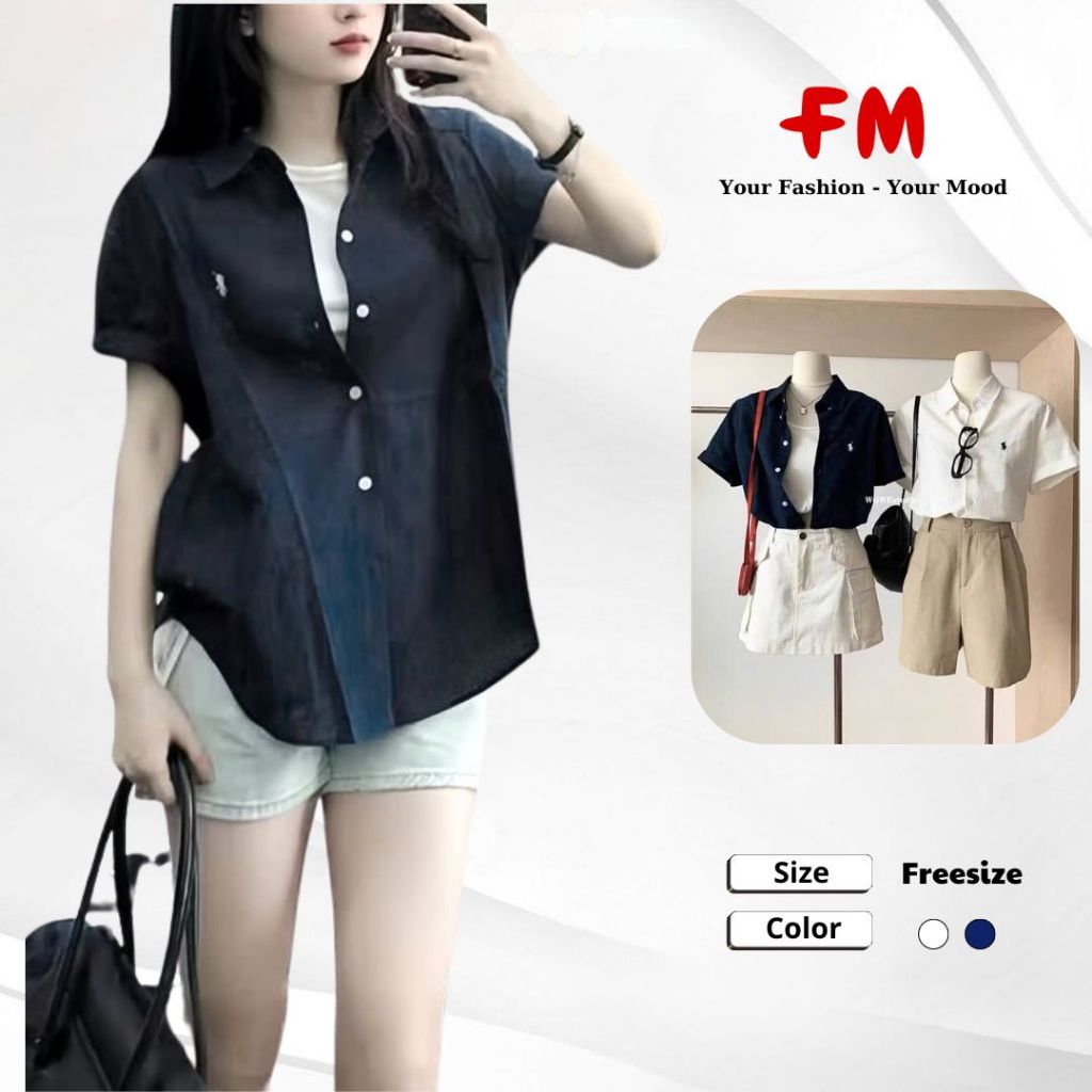 Áo Sơ Mi Nữ Tay Ngắn FMSTYLE SHOP - Form Rộng Freesize, Thêu Logo Ngựa, Mặc Đi Làm Đi Học 25062126