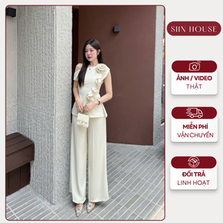 Set Áo Lệch Vai Đính Hoa Kèm Quần Suông Dài Sang Chảnh Đi Làm, Đi Tiệc, Du Lịch D0143 - Siin House