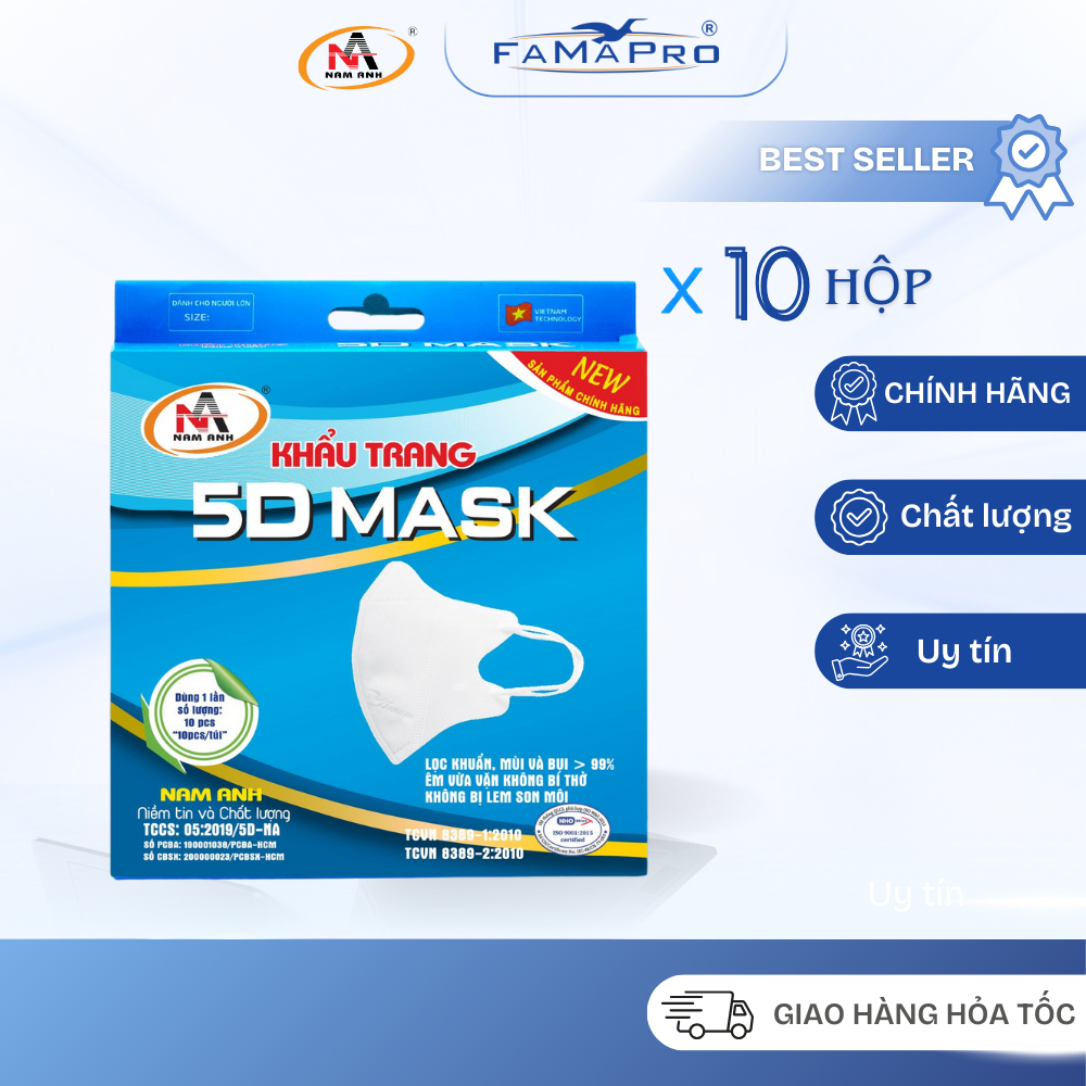   Combo 10 hộp  Khẩu Trang 5D Mask Quai Chun Người Lớn Nam Anh Famapro Hộp 10 Cái 