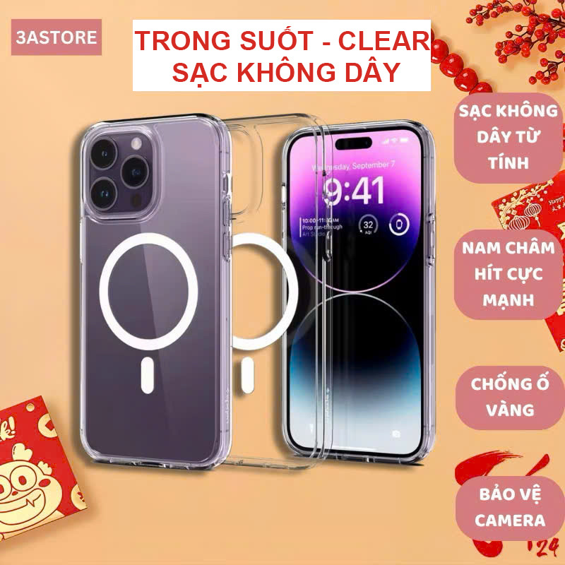 Ốp lưng iphone sạc không dây Crystal Clear Case trong suốt chống sốc hít lưng cho ip 12 13 14 15 16 17 pro max 3astore