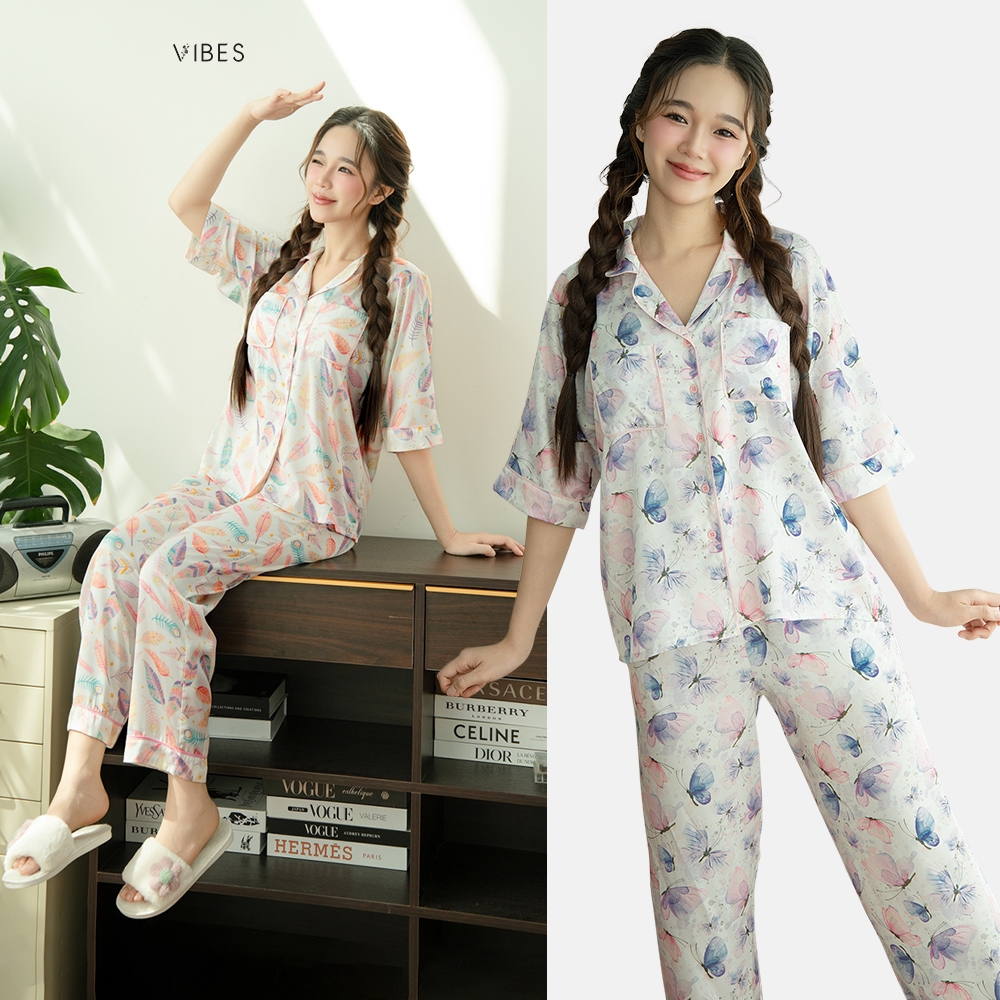 VIBES Pijama dài Lụa Latin cao cấp phom áo cánh dơi Aetheria x Fairy Long Py Set