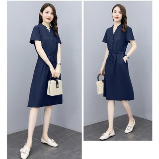Đầm Linen rút eo, cổ tàu tôn dáng