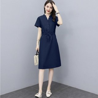 Đầm Linen rút eo, cổ tàu tôn dáng