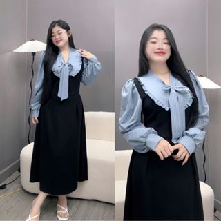  Đầm bigsize nữ kiểu yếm tiểu thư tay dài cổ nơ phối váy dáng dài màu đen thanh lịch từ 58 đến 92 ký A688 