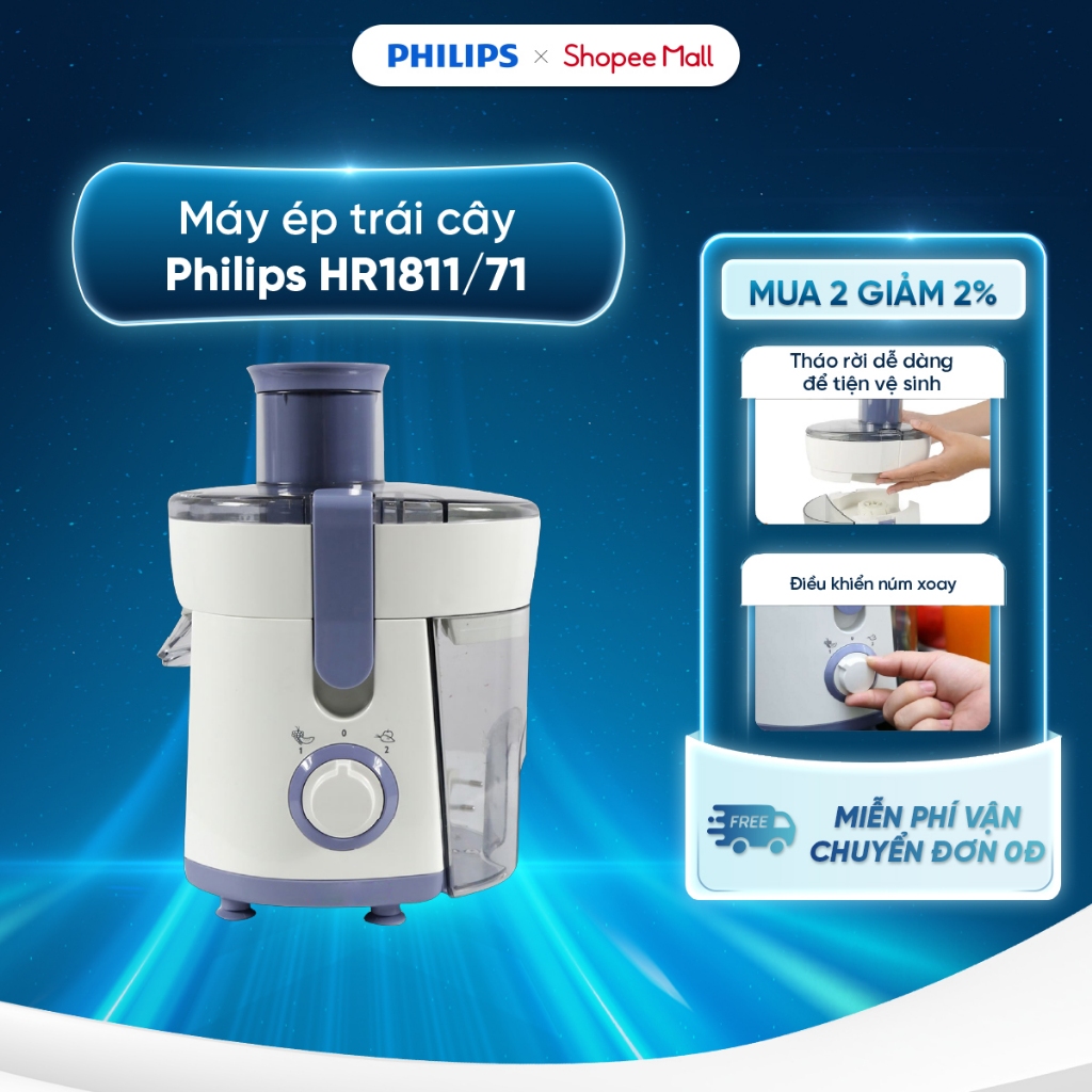 Máy ép trái cây Philips HR1811/71 - Máy ép trái cây nhanh - công suất 300W - Cắt nhuyễn, lọc mịn - BH 24 Tháng