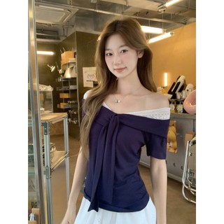  Áo mặc 2 kiểu trễ vai và cổ tim tay ngắn dáng ôm xanh C4 orimi 