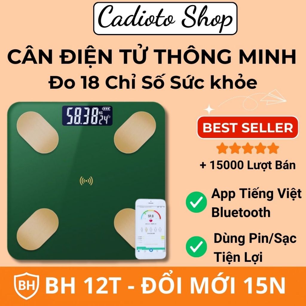 Cân Điện Tử Thông Minh Cadioto – Đo 18 Chỉ Số Sức Khỏe, App Tiếng Việt, Bluetooth Pin Sạc