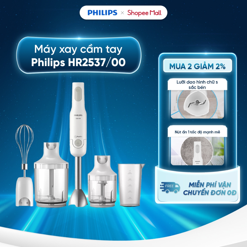 Máy xay cầm tay Philips HR2537/00 - Công suất 650W - 1 cốc, 2 cối