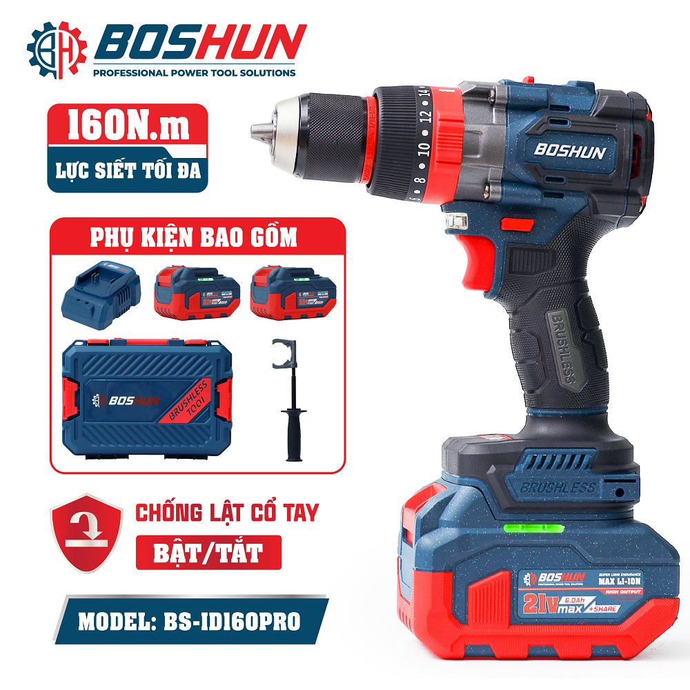 [ ANTIKICKBACK ]Máy Khoan Pin Boshun BS-ID160PRO, Lực Siết 160Nm, Đầu Kẹp 13mm, Động Cơ Lõi Đồng