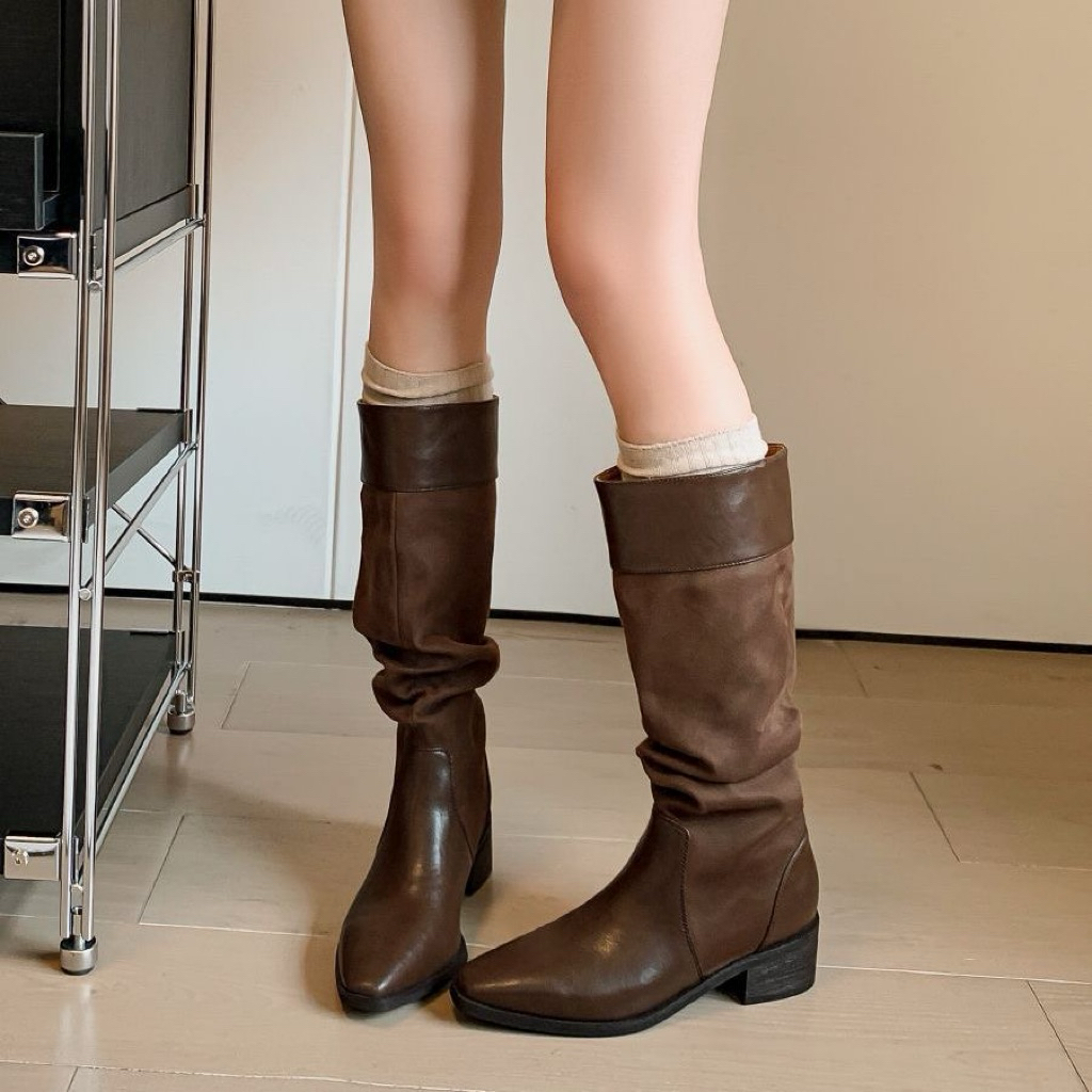 Giày boot đùi nữ mũi nhọn vuông phối da lộn cao cấp Bốt đùi nữ cao cấp phối da lộn