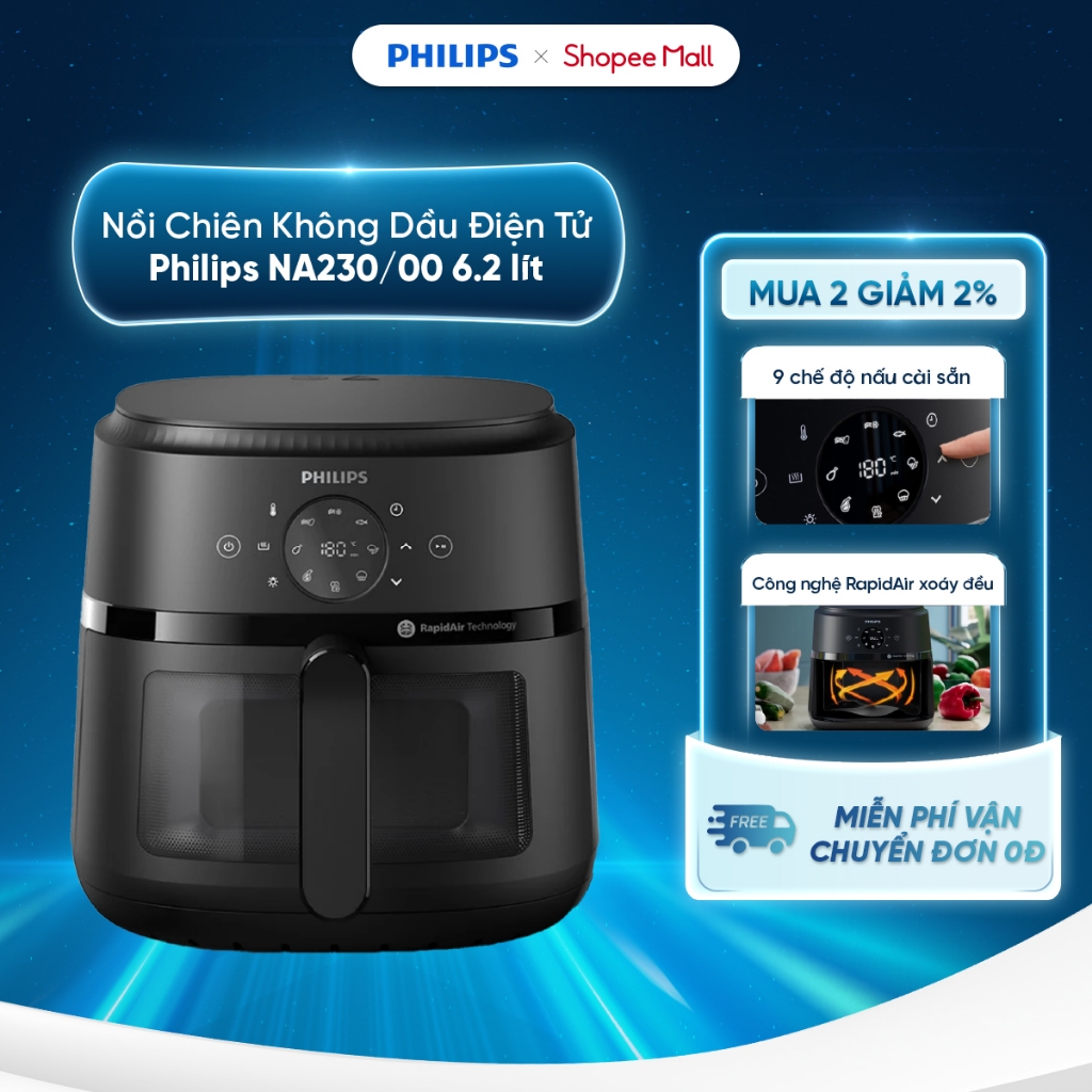 Nồi Chiên Không Dầu Điện Tử Philips NA230/00 6.2 lít |1700W | Cửa Sổ Kính, - Hàng Chính Hãng