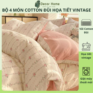 Bộ chăn ga gối 4 món cotton đũi họa tiết vintage hoa nhí decor phòng Hàn Quốc drap nệm bo chun phủ giường Otama Bedding