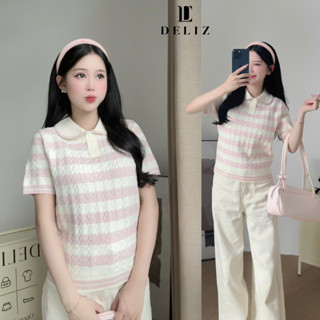  Áo len ngắn tay cho nữ phối màu patsel kẻ ngang phối cổ sen tiểu thư len lông thỏ PL32 