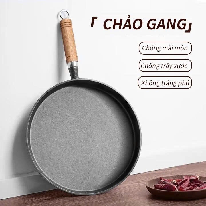 Chảo Gang Chống Dính Tròn Chảo Đổ Bánh Xèo Chảo Rán Chống Dính Tay Gỗ Sang Trọng Size 20cm Dùng Cho Mọi Loại Bếp