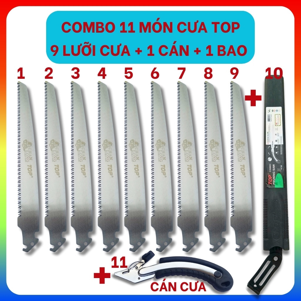 Cưa kiếm cầm tay TOP, lưỡi thép SK5 dài 350 mm, gồm 11 món: 1 cán cưa, 9 lưỡi cưa kiếm và 1 bao đựng