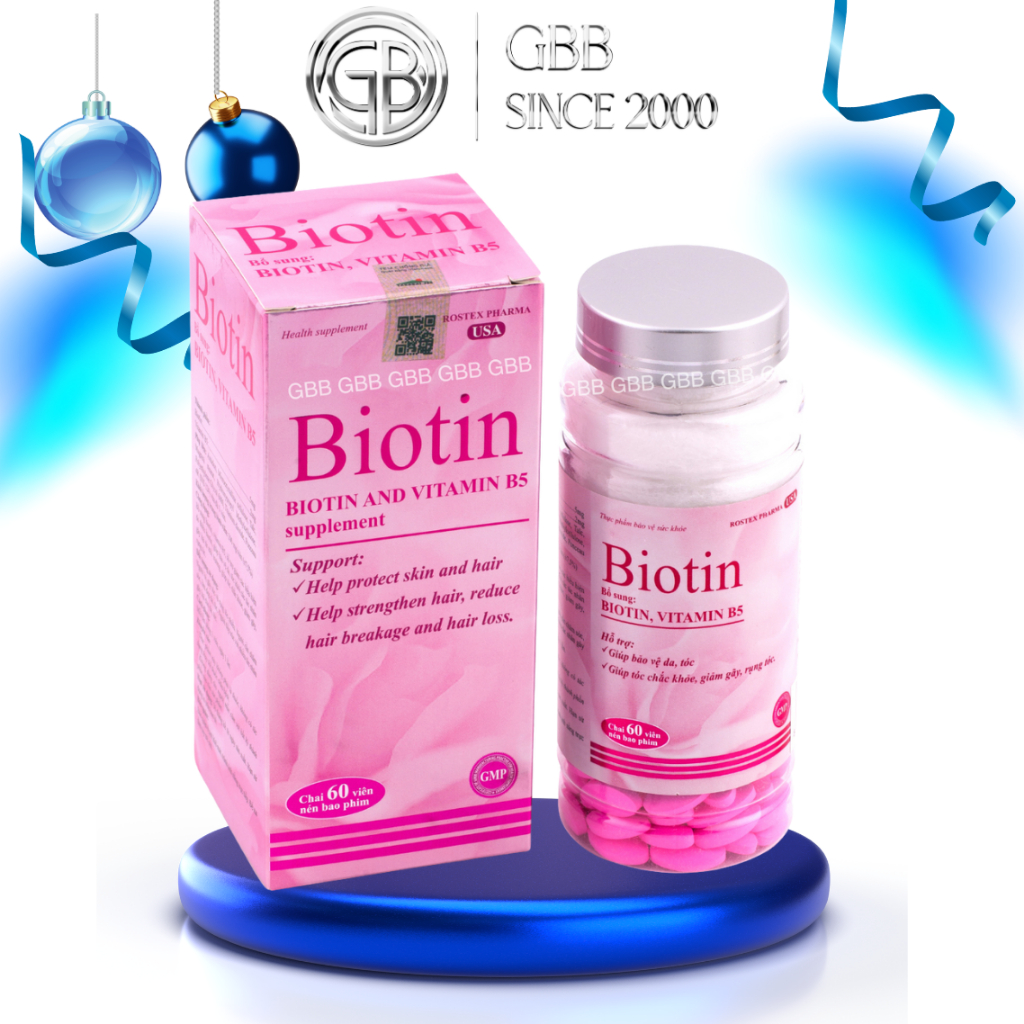 Viên uống bổ sung Biotin, Vitamin B5 giúp tóc chắc khỏe, giảm gãy rụng tóc - Hộp 60 viên