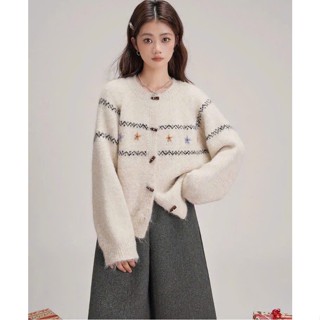  Áo Khoác Len Nữ Thổ Cẩm ,Áo Cadigan Len Vintage Len Lông Thỏ Thêu Hoa Nổi Họa Tiết Cổ Điển Cổ Tròn Dài Tay Qccc Orangecl 