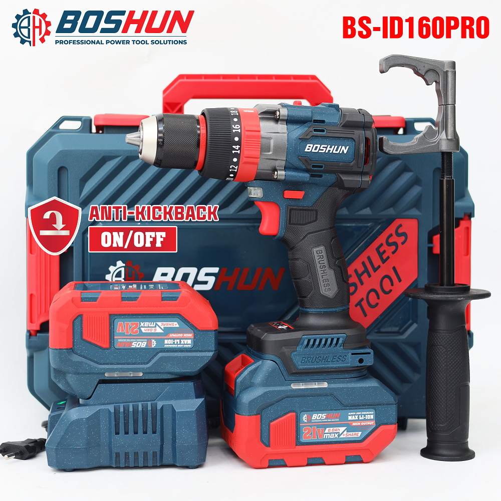[CHÍNH HÃNG] Máy Khoan Pin Boshun BS-ID160PRO, Lực Siết 160Nm, ANTIKICKBACK, Đầu Kẹp 13mm AUTOLOCK